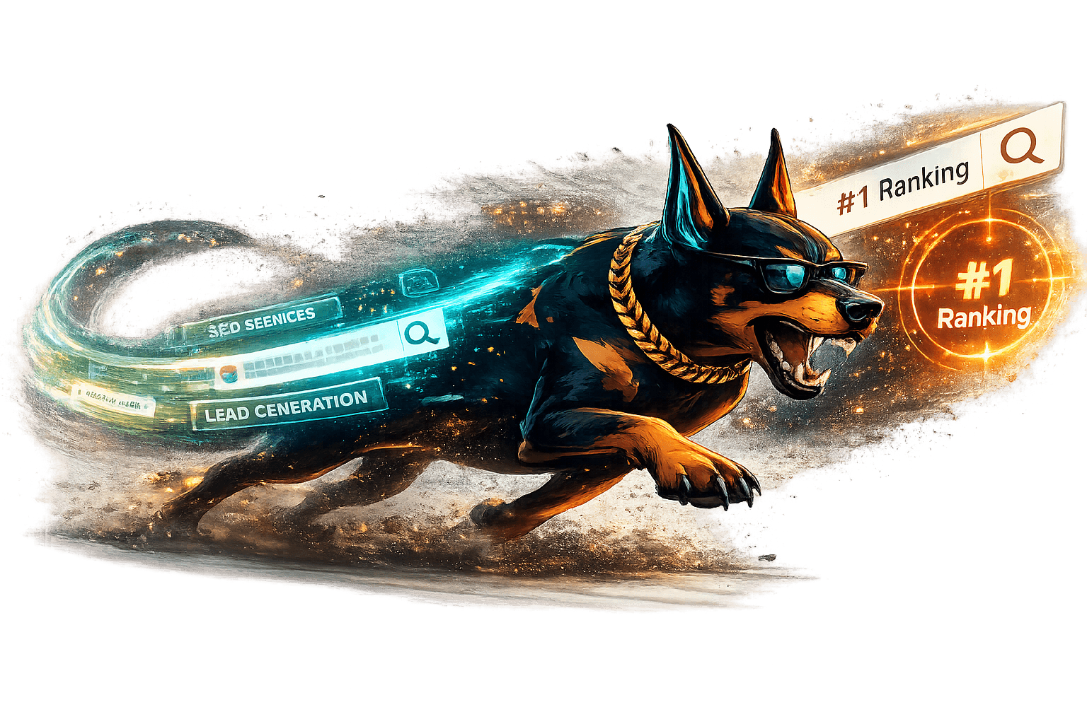 SEO lead generation Doberman running toward number one search ranking